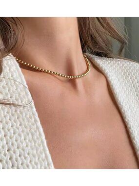 Gold Beaded Necklace 4mm Ball Bead Waterproof Layering Jewelry Everyday Necklace